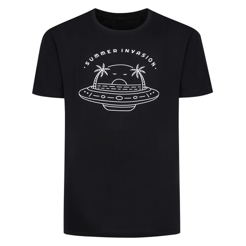 Black crew neck T-shirt front flat view with UFO print.